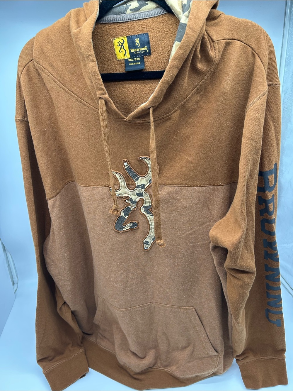 Browning Men's Brown Two-Tone Hoodie Sweater with Camo Logo 3XL